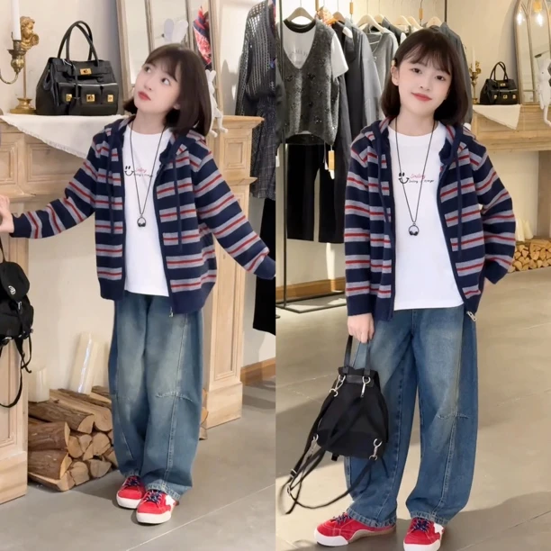 女童针织衫2025新款儿童秋装洋气时髦条纹毛衣外套开衫宽松牛仔裤