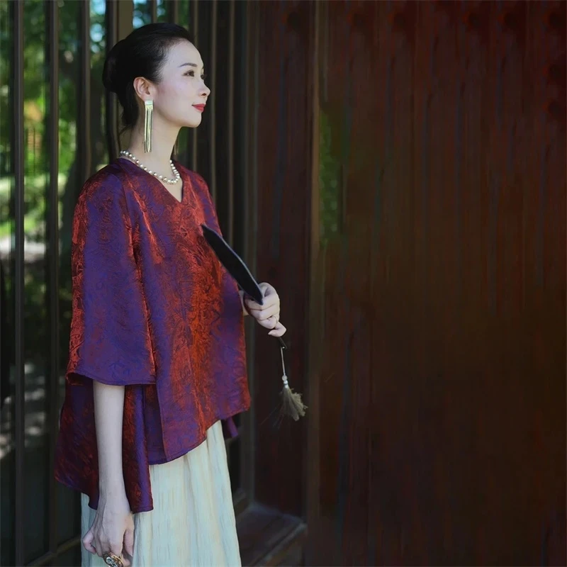 花萝人丝《绛羽浮光》女士精致百搭中袖夏季宽松显瘦上衣春夏XD0701