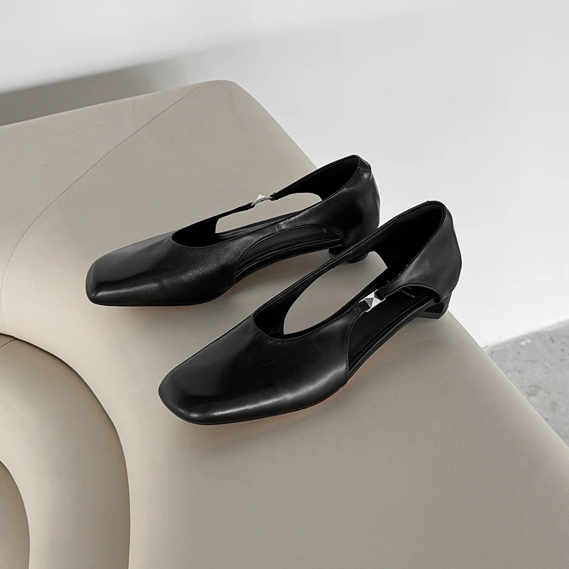 【邓老师】牛皮/2.5cm/粗低跟方头浅口法式镂空单鞋女黑色时尚气质