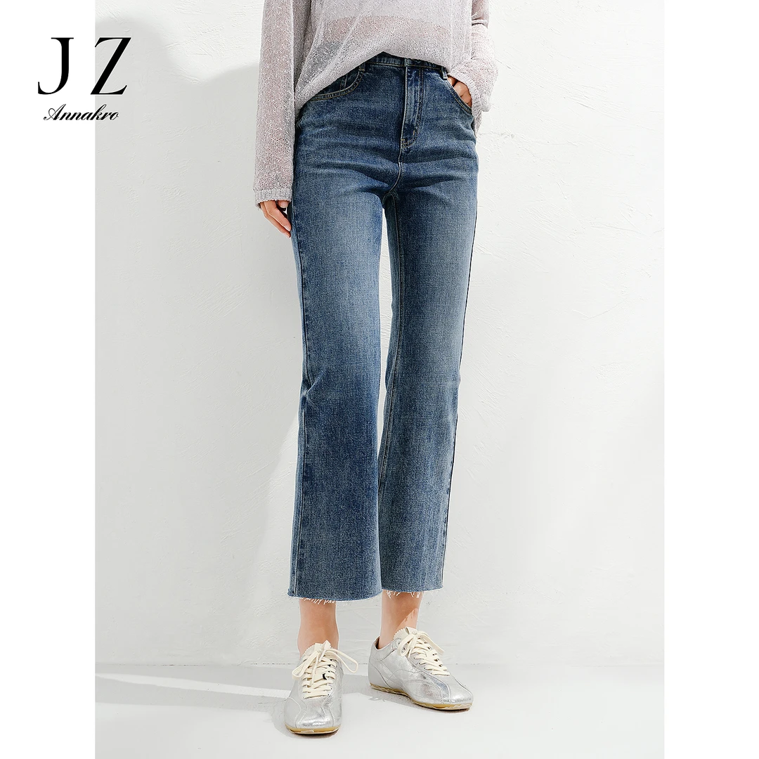 【婷婷专属】玖姿安娜蔻KWFX12113复古层次水洗显瘦微喇牛仔裤