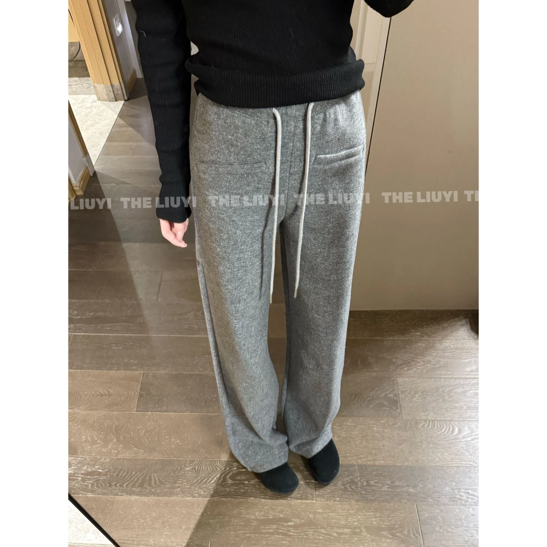 【LIUYI】bi买裤~高腰桑蚕丝羊毛混纺加绒加厚直筒休闲裤512064