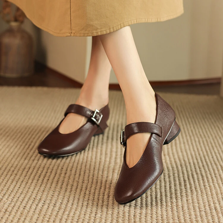 软羊皮~3cm春秋新款棕色浅口单鞋女复古圆头低跟一字扣粗跟玛丽珍