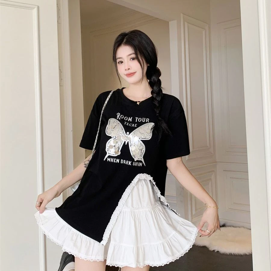大码蕾丝拼接蝴蝶亮片开叉短袖t恤女夏季新款宽松显瘦胖mm上衣女