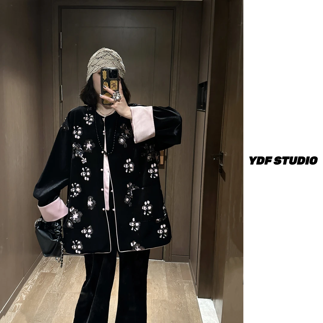 YDFSTUDIO小众【花海云裳】新中式国风丝绒刺绣设计百搭时尚外套