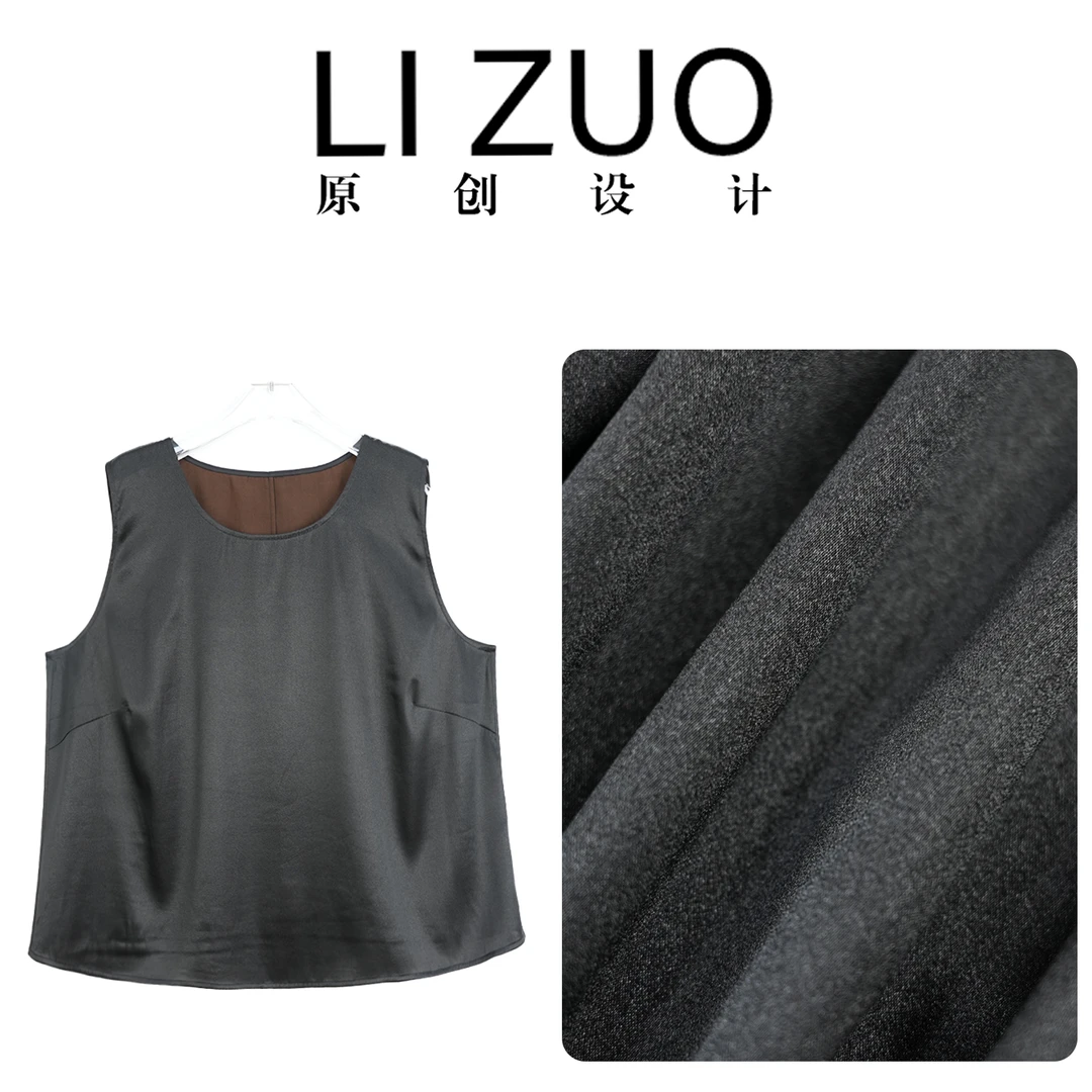 大码胖mm复古28姆米弹力缎香云纱时尚百搭圆领无袖上衣9758