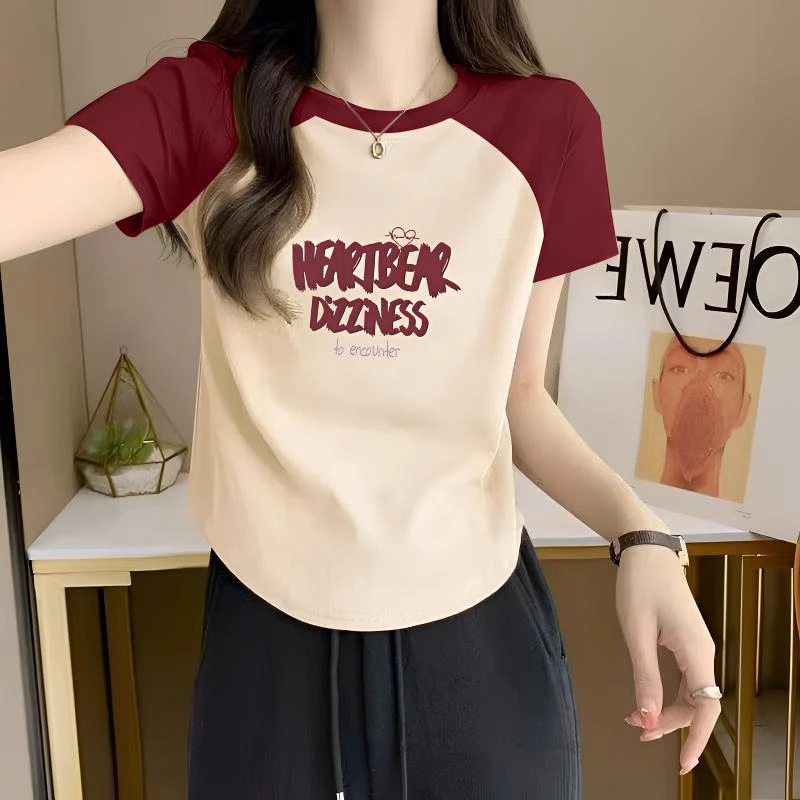 设计感插肩撞色短袖95棉t恤女夏季新款修身显瘦小众短款上衣ins潮