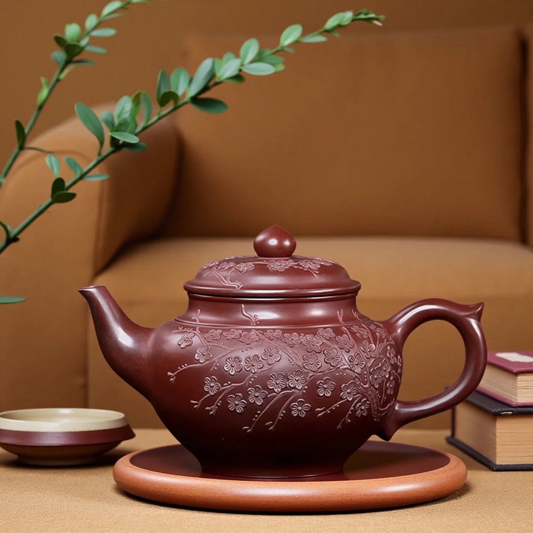 宜兴紫砂壶原矿龙血砂梅花笑樱210cc手工球孔功夫泡茶壶高档茶具