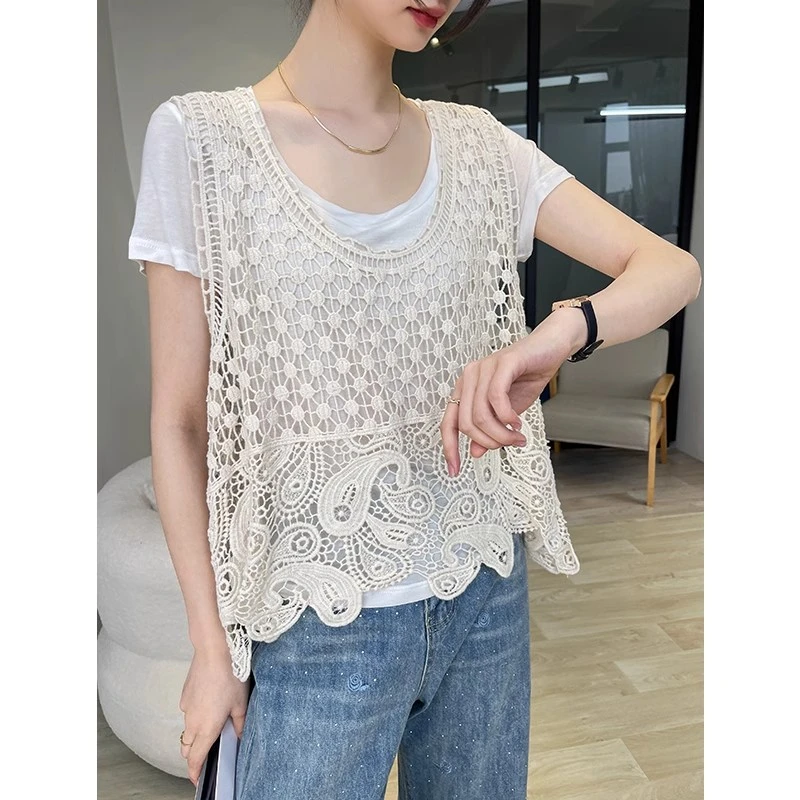 杏色马甲吊带背心女夏外穿2025新款镂空钩花无袖宽松叠穿内搭上衣