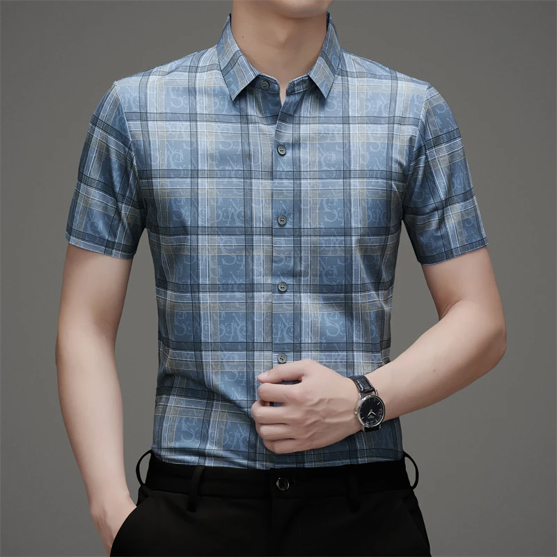 夏季冰丝男士短袖衬衫桑蚕丝格子百搭薄款轻薄透气衬衣