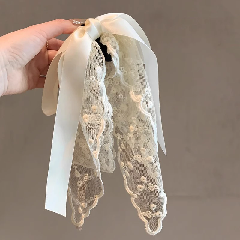 法式温柔蕾丝花边飘带蝴蝶结马尾夹后脑勺盘发抓夹高级感网红发饰