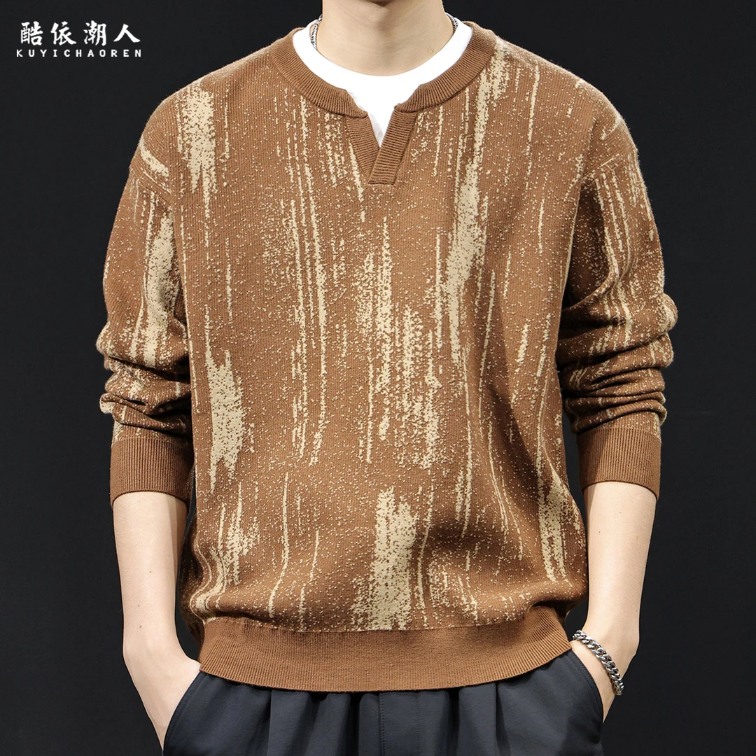 撞色假两件V领简约休闲针织毛衣男秋冬2025新款大码高端保暖衣服