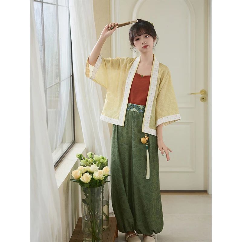 秋木木汉服【鹿隐】瑞鹿团花纹貉袖吊带暗纹印花灯笼裤日常套装