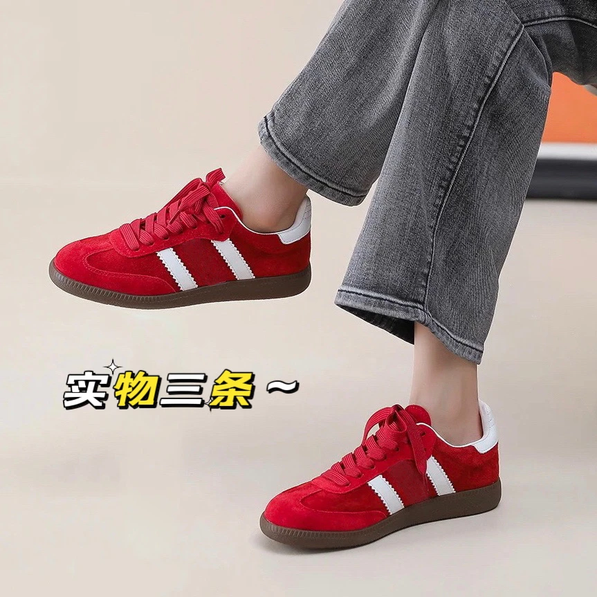 真皮复古休闲德训鞋女款2025爆款红色新款经典德训鞋增高女鞋厚底