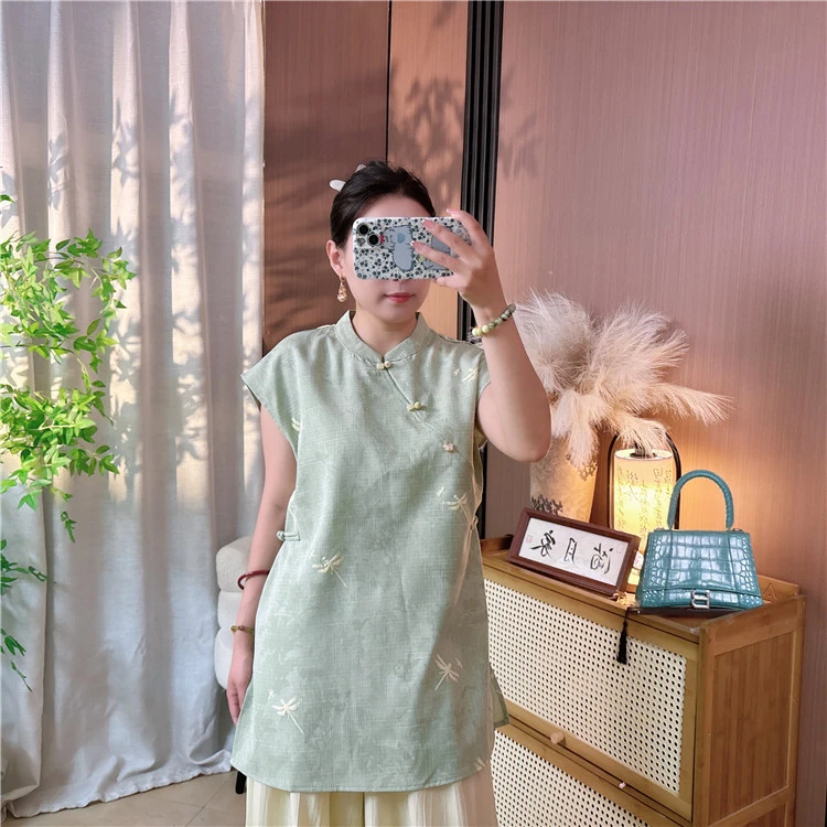 【绿蜻蜓】2025夏款长款小飞袖收腰盘口新中式国风小衫