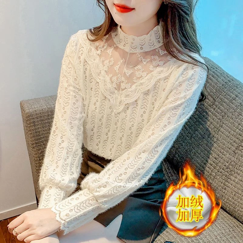 加绒加厚秋冬衬衫女网纱蕾丝打底衫洋气内搭小衫时尚气质百搭上衣
