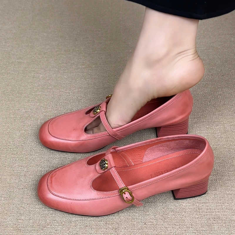 RubyL•34-39/4cm法式复古头层牛皮圆头浅口山茶花丁字带粗跟单鞋