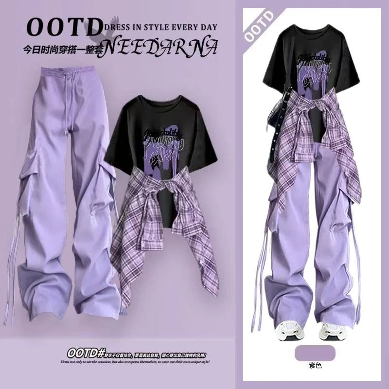 夏季穿搭一整套女韩版宽松短袖T恤+格子长袖衬衫帅气工装裤三件套