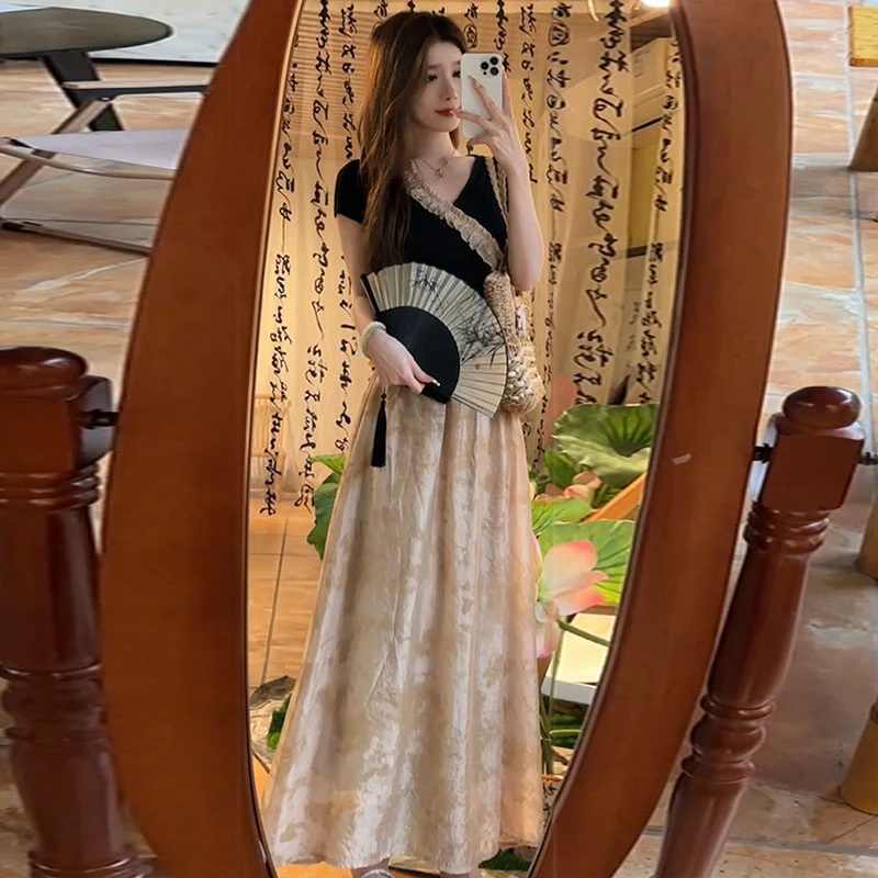 新中式国风V领拼接撞色花边上衣高级初秋穿搭新中式国风拼接套装