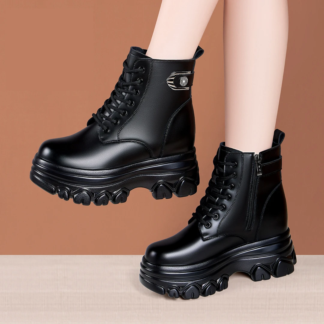 内增高马丁靴女2025冬季新款粗跟厚底保暖棉靴加绒小个子系带短靴