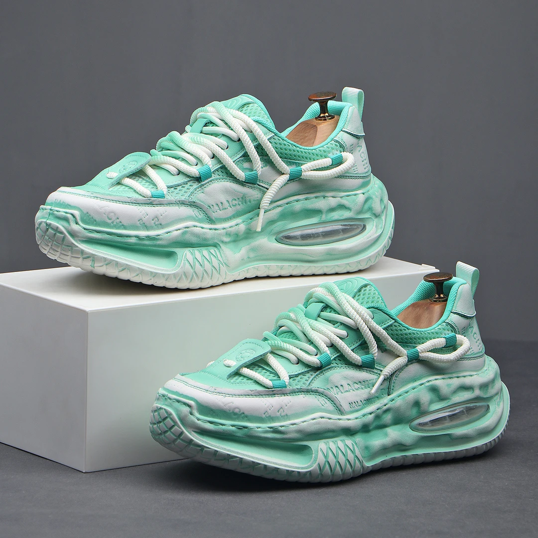 头层牛皮拼网老爹鞋男夏季透气2025新款复古擦色潮鞋运动休闲真皮