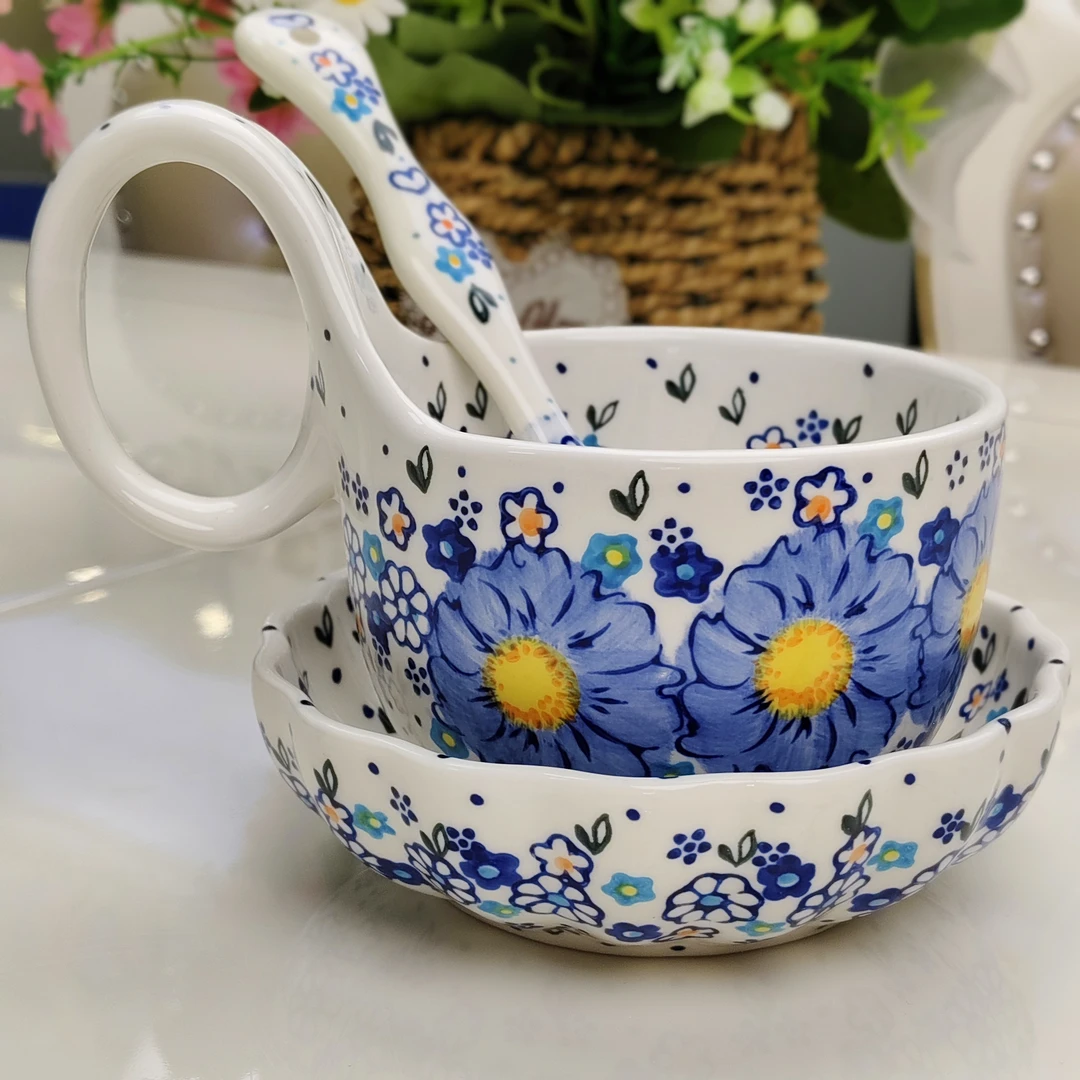 新瓷新疆包邮【勿忘我】家用陶瓷釉下彩曲把杯三件套
