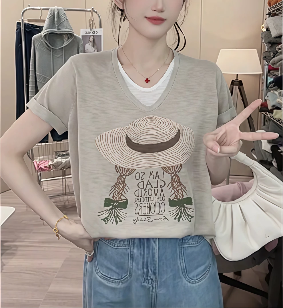 2025新款草帽马尾薄款凉感假两件V领短袖t恤百搭休闲圆领针织衫
