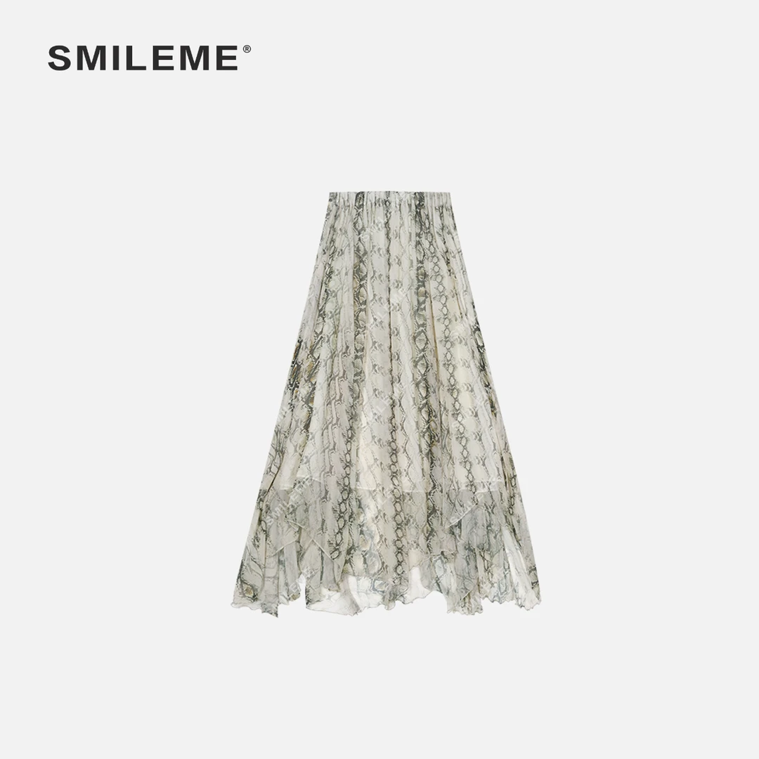 SMILEME【烟花易冷】夏季新款“100%人丝”印花中长款蛇纹绿色半身裙