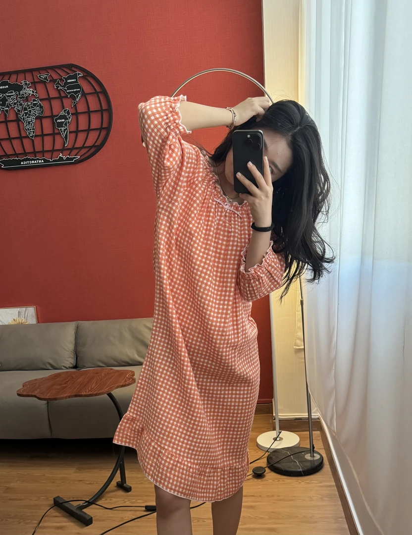 多金外贸【全棉双层棉纱】ins风睡裙 有氧双层纱全棉软糯吊带长袖