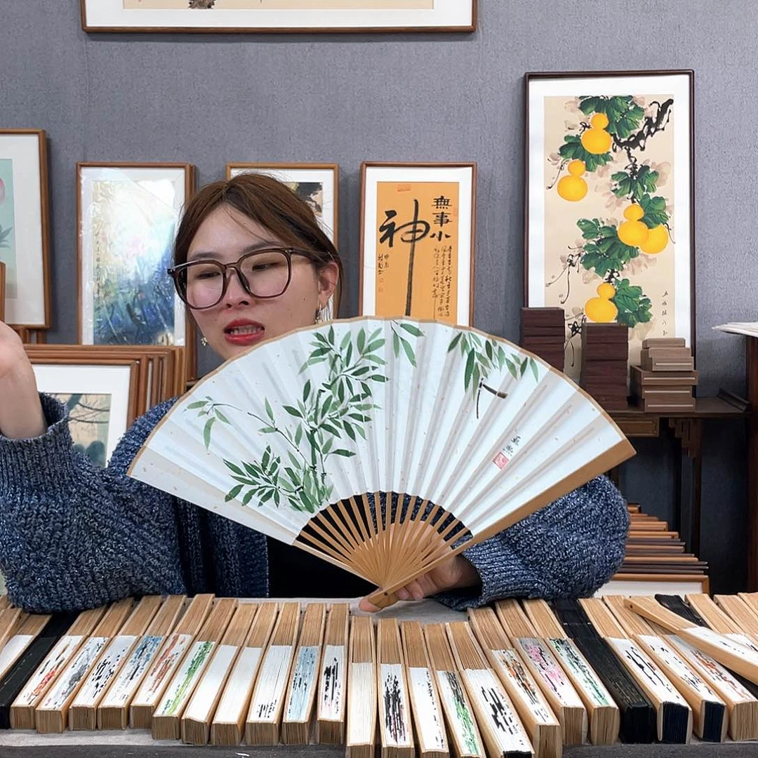 国画95寸玉竹-纯手绘-文玩扇骨（默认粘好）