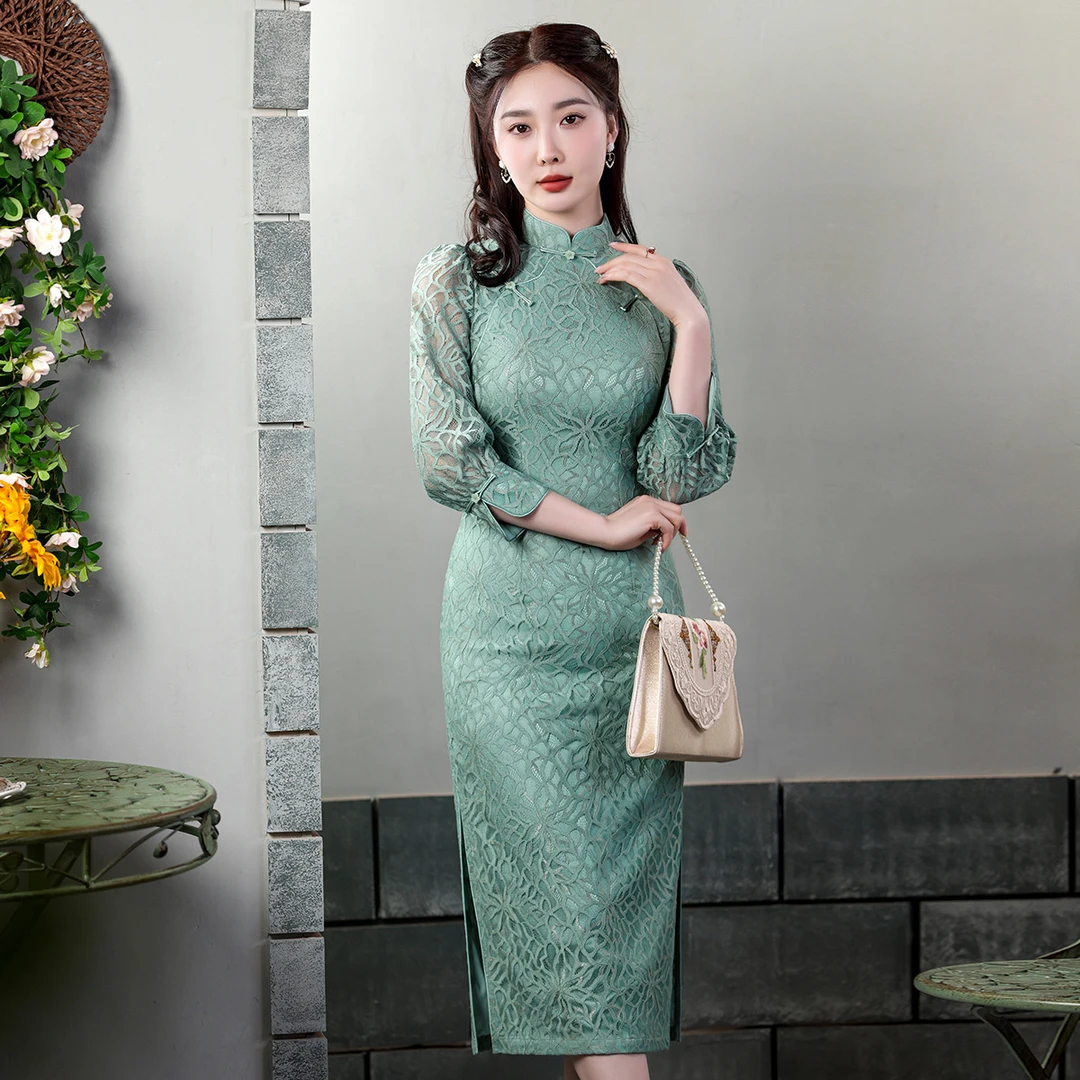 （崔万志旗袍）通勤日常款改良七分袖蕾丝镂空旗袍连衣裙女DW5027