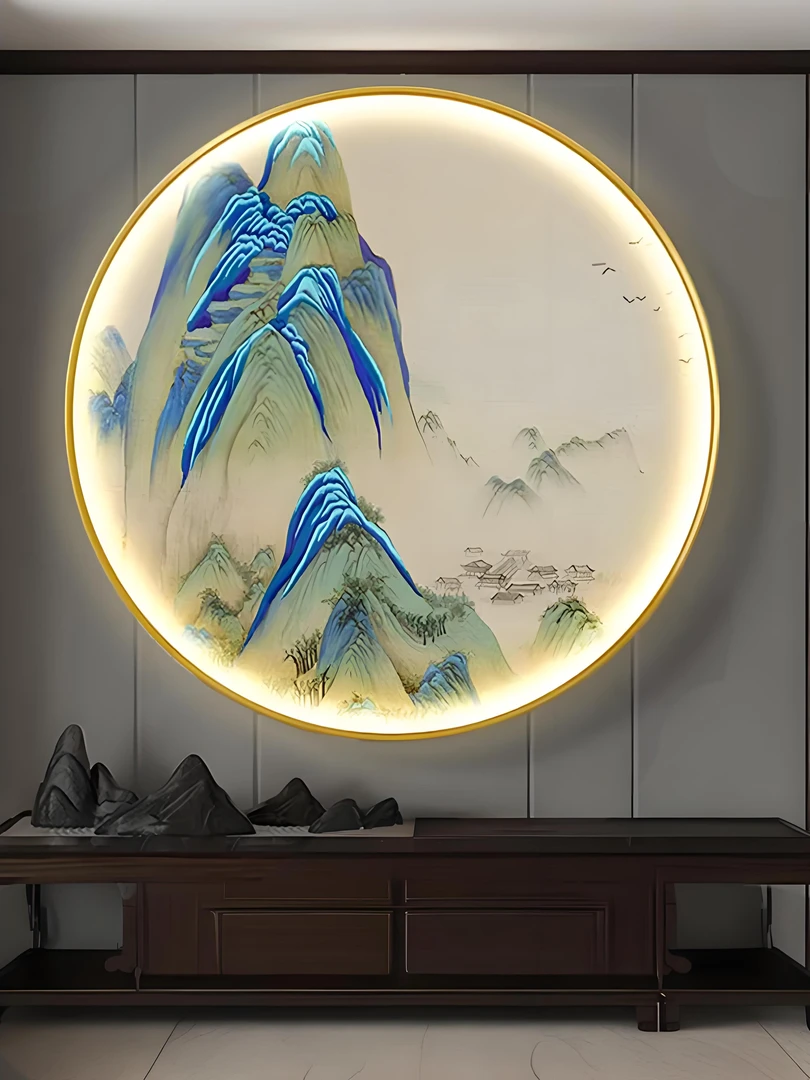 新中式千里江山图入户玄关装饰画客厅背景墙挂画圆形书房茶室壁画