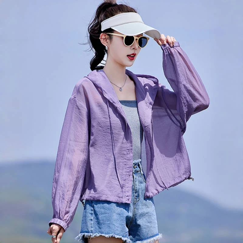 夏季连帽短款防晒衫女纯色防晒衣薄款百搭韩版外套宽松开衫防晒服