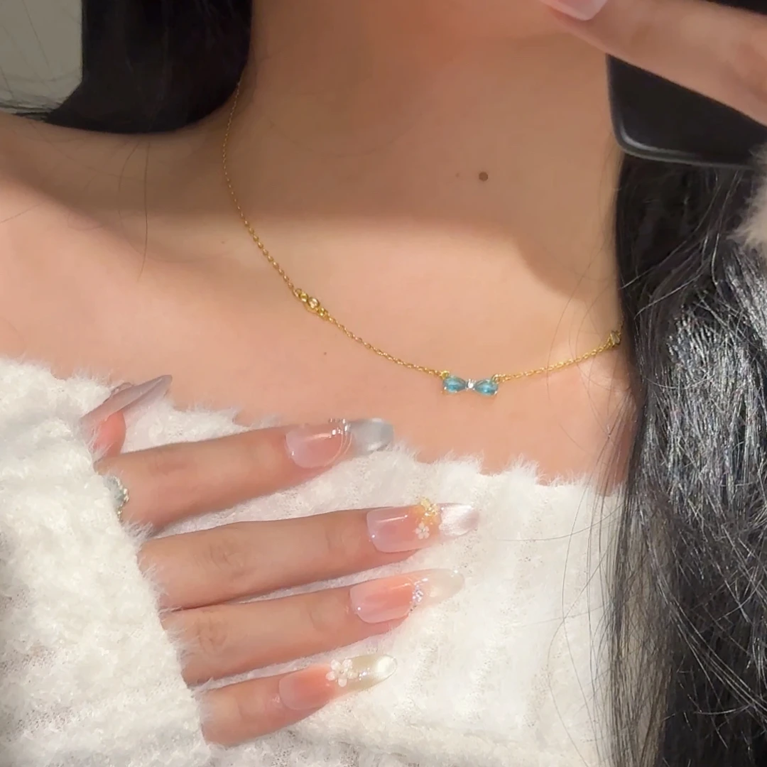 铁合金项链 A045 蓝色蝴蝶结项链女甜美精致简约小众设计感温柔款