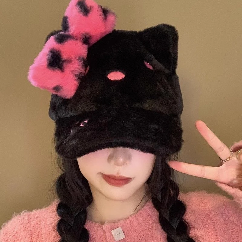 【宝贝】可爱甜酷黑粉Kitty毛绒棒球帽秋冬豹纹蝴蝶结显脸小鸭舌帽