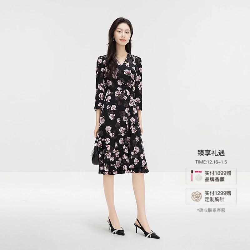 【桑蚕丝】Koradior珂莱蒂尔商场同款2025春浪漫度假风玫瑰连衣裙