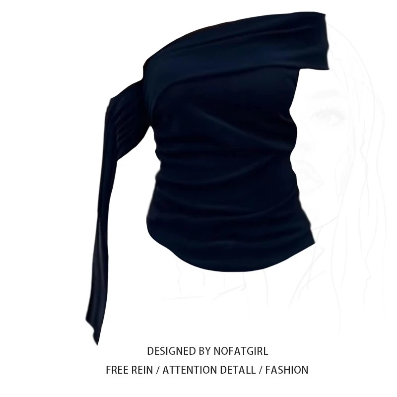 大码胖MM甜辣妹一字肩飘带短袖T恤女夏季褶皱修身设计感显瘦上衣