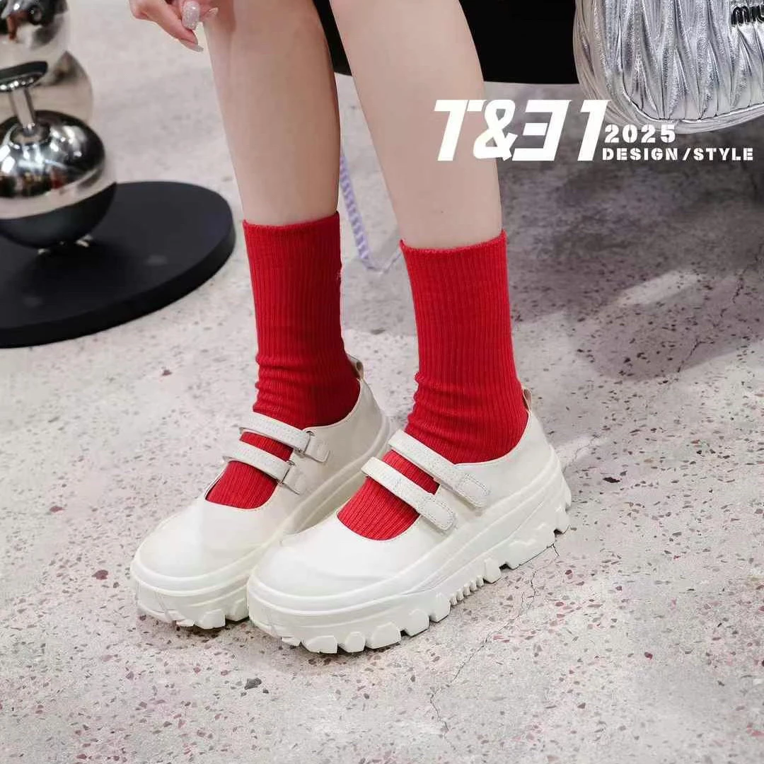 T31女鞋真皮2025新款春季百搭英伦风魔术贴厚底时尚增高玛丽珍鞋