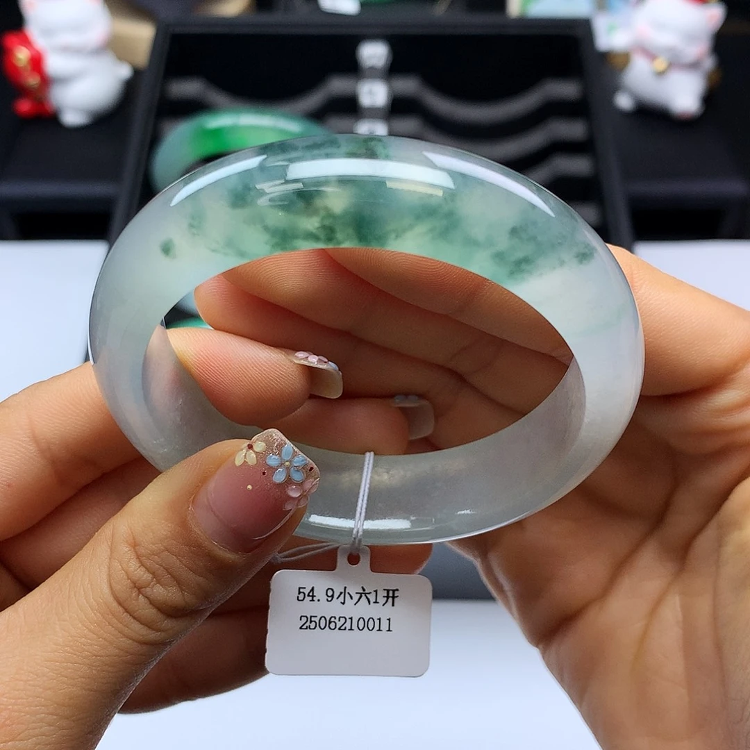 翡翠手镯未镶嵌55冰飘花正圈