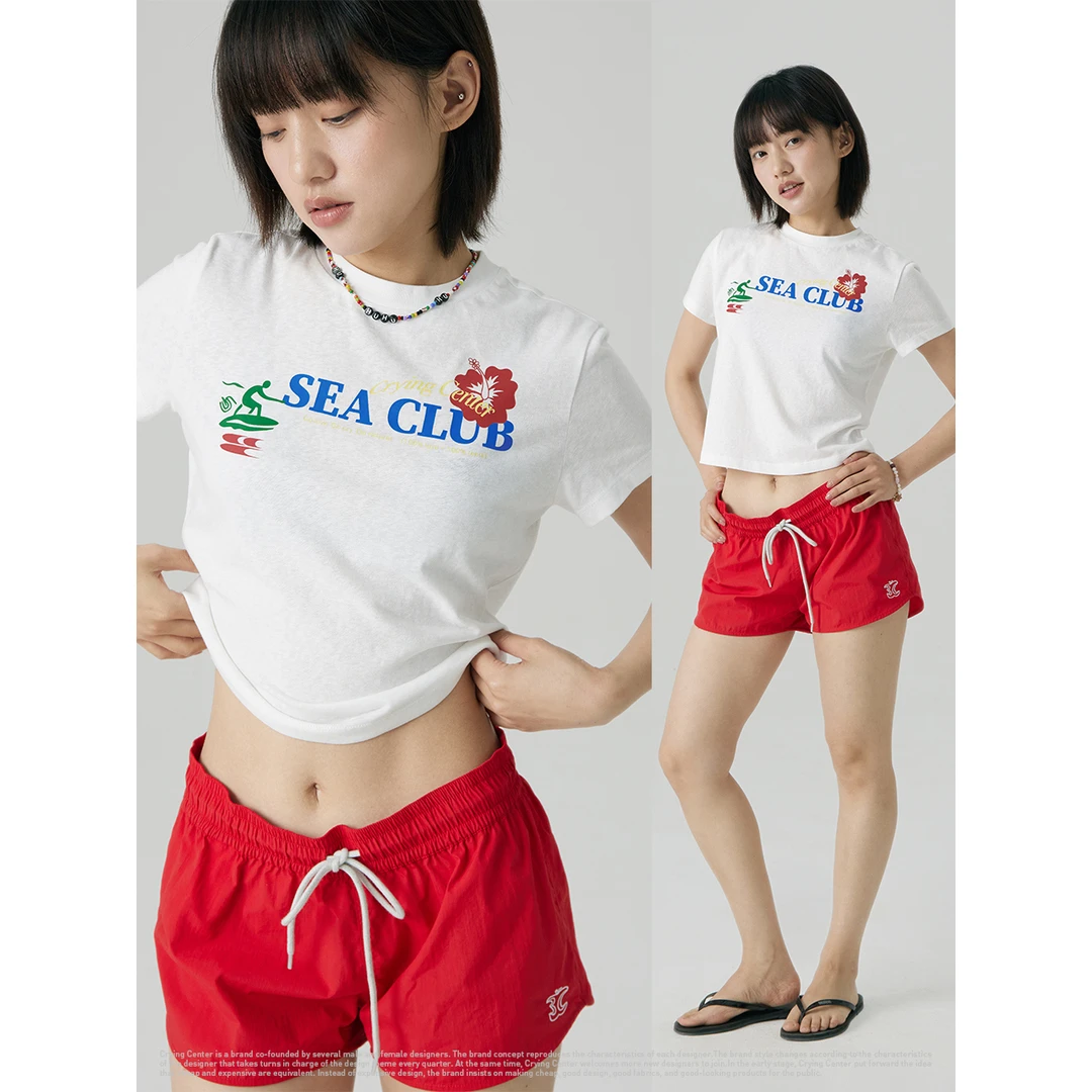 Crying center/哭喊中心夏威夷扶桑花短袖修身辣妹夏日轻薄竹节棉