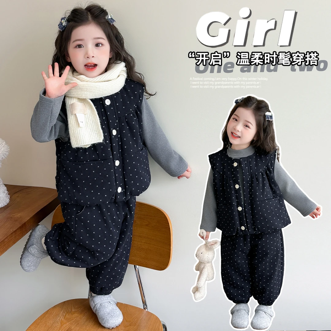 女童圆点小清新冬款单排扣套装小香风秋冬厚马甲打底衫裤子三件套