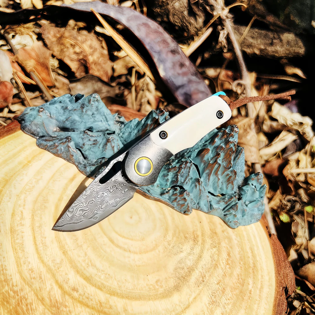 牛骨大马士革折叠小刀锋利小巧便携可盘玩的口袋刀