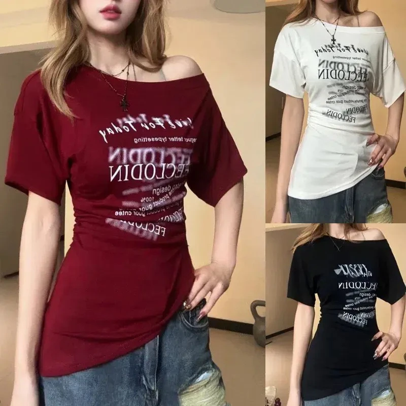 斜肩T恤设计感小众露肩上衣ins网红同款休闲风显瘦百搭宽松正肩