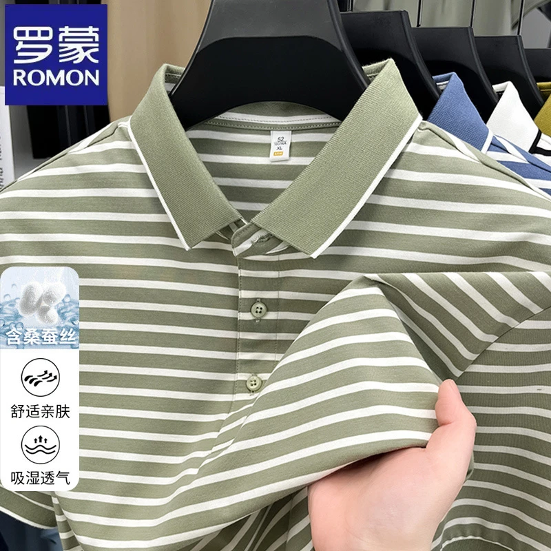 罗蒙休闲韩版中青年绿色条纹短袖Polo衫夏季翻领含桑蚕丝男士T恤