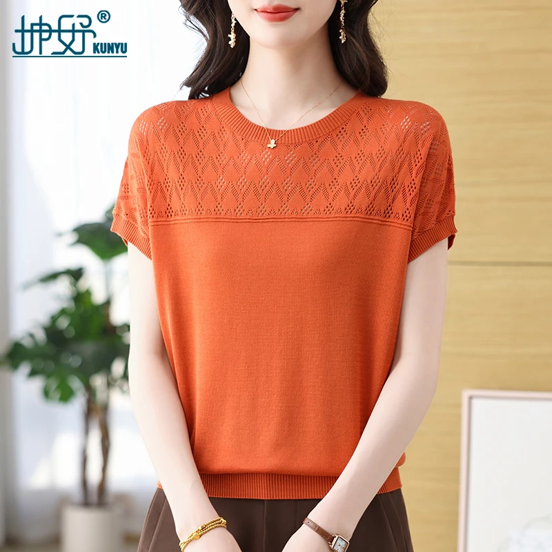 坤妤针织短袖T恤女圆领镂空落肩夏季宽松大码妈妈夏装洋气打底衫