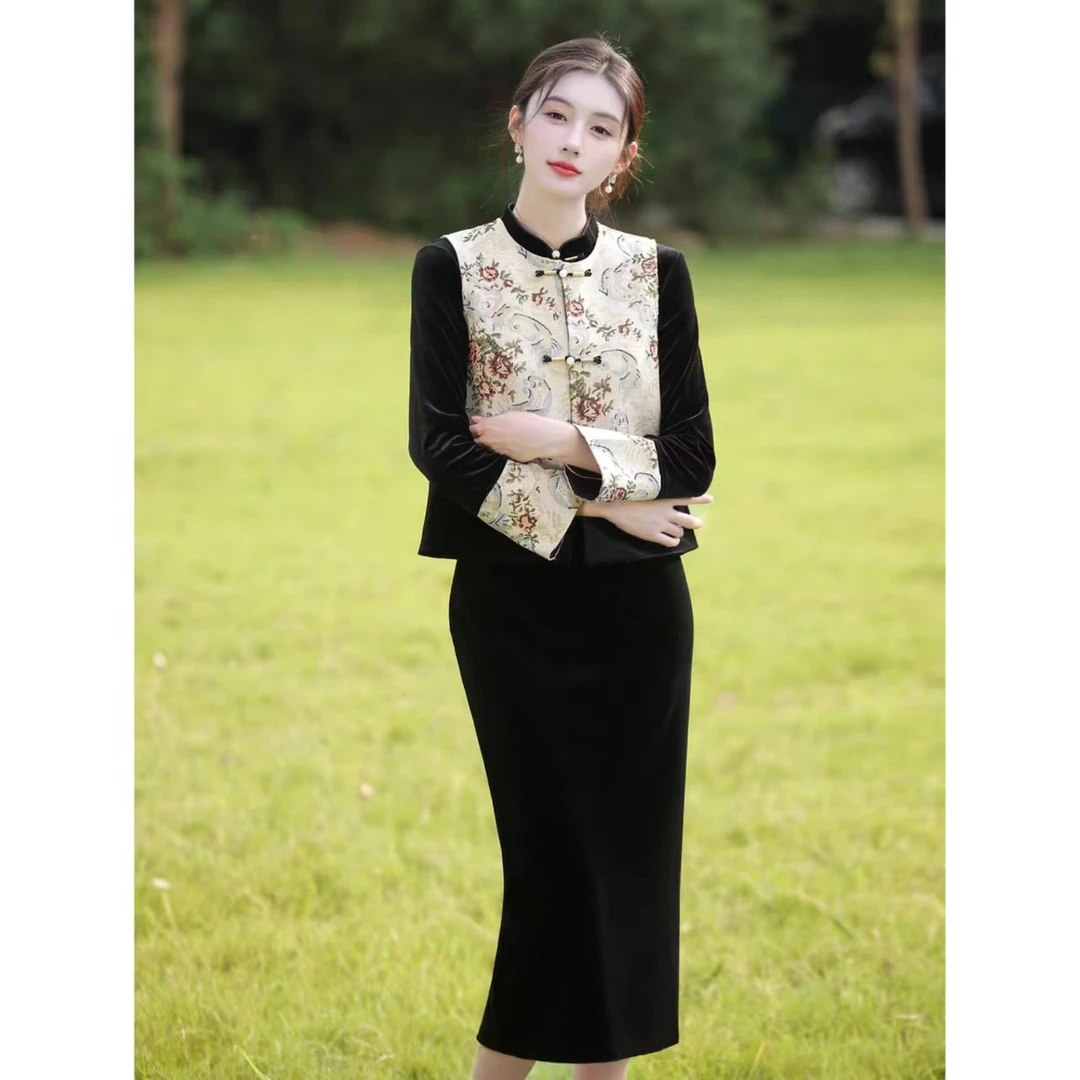 新中式国风马甲连衣裙套装女春秋气质穿搭丝绒改良旗袍长裙两件套