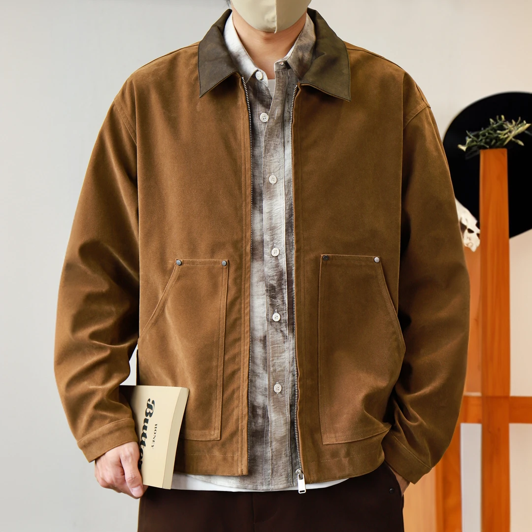 普卡夕赫深咖复古反绒皮翻领机车皮衣外套男士秋季新底特律夹克