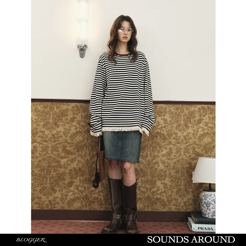 SOUNDS AROUND流浪系列慵懒风 流苏经典条纹圆领套头T恤