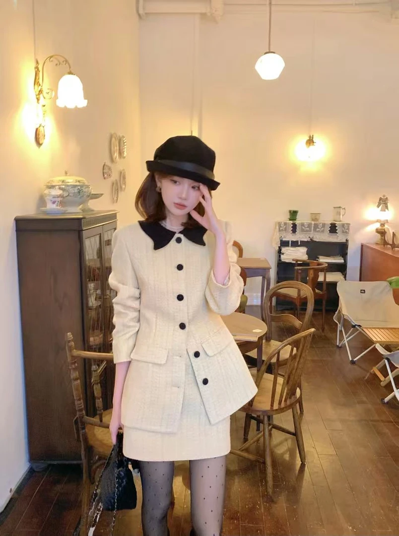 【芝士Cheese】天鹅梦 设计师款气质加厚编织外套收腰小香羊毛套装