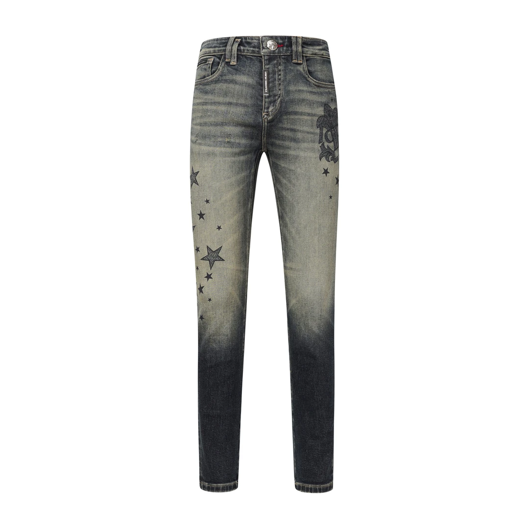 PRATHIKPLEIN复古克罗皇冠秋冬季男牛仔裤烫钻休闲百搭款小直筒