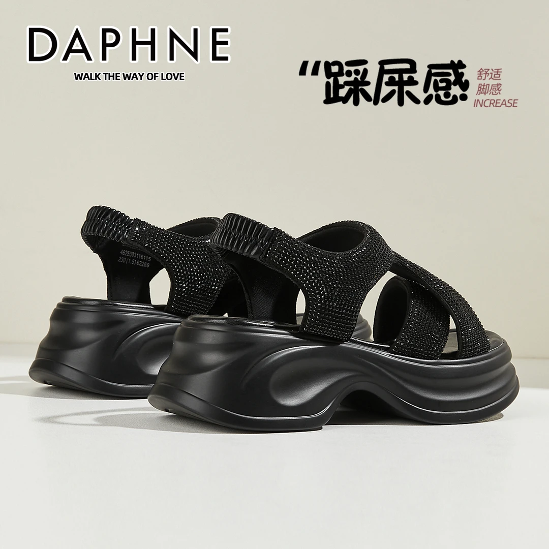 达芙妮黑色水钻厚底凉鞋女2025新款夏季女士松糕鞋增高罗马沙滩鞋